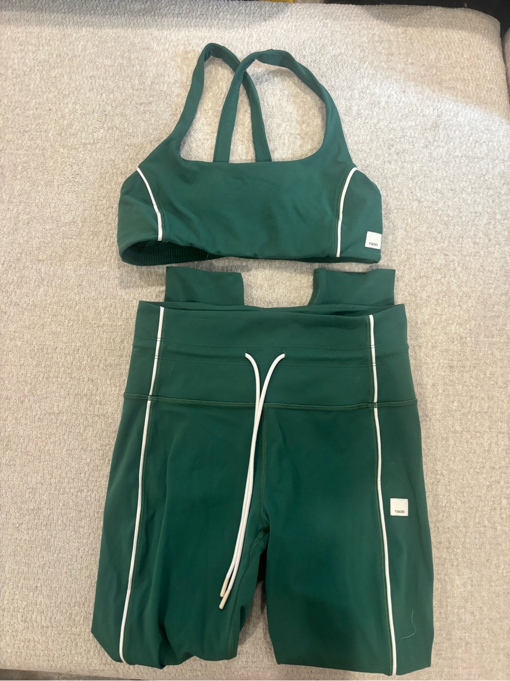 Vuori Dark Green Legging and Sports Bra Set with White Piping